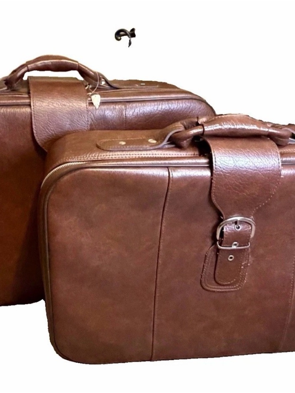 Vintage Brown Faux Leather Nesting Suitcase Set 2pc Travel Luggage with Keys